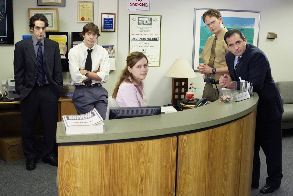 BJ Novak as Ryan Howard, John Krasinski as Jim Halpert, Jenna Fischer as Pam Beesly, Rainn Wilson as Dwight Schrute, and Steve Carell as Michael Scott, who stand at varying heights