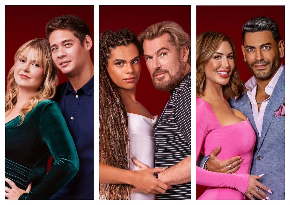 Portraits of three couples from '90 Day Fiance' Season 11 on a red background