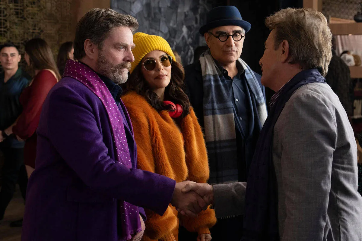 Celeb guest stars Zach Galifianakis, Eva Longoria, and Eugene Levy with Martin Short in 'Only Murders in the Building' Season 4