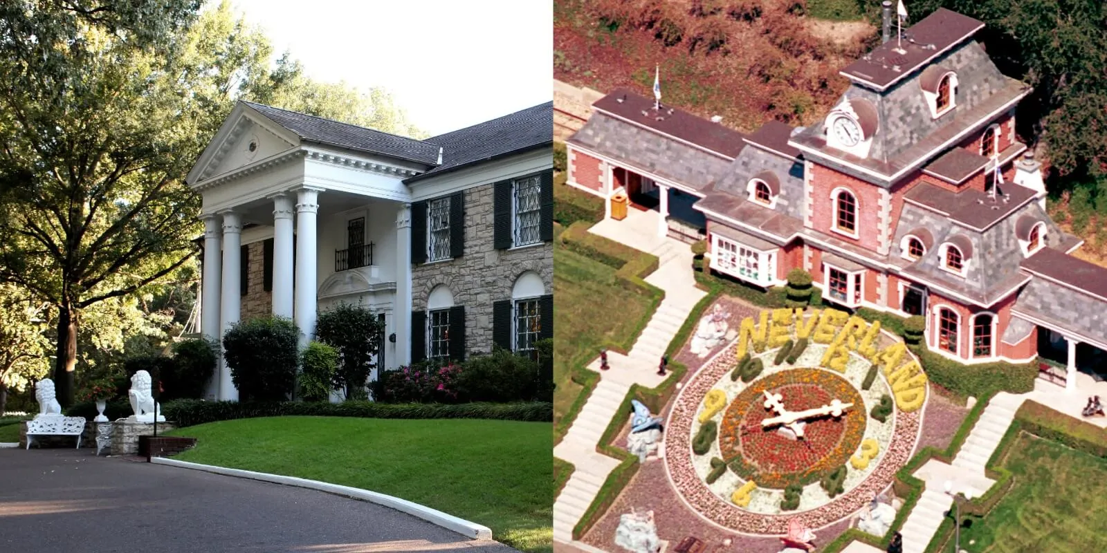 Elvis Presley's Graceland and Michael Jackson's Neverland in side-by-side photographs