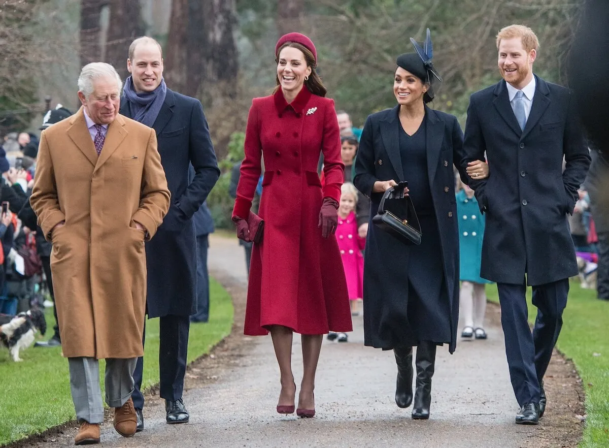 (L to R) King Charles, Prince William, Kate Middleton, Meghan Markle, and Prince Harry