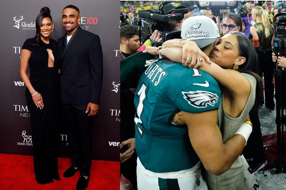 Side by side photos of Jalen Hurts and fiancée Bryonna Burrows at a black tie event and on the field after Super Bowl LIX