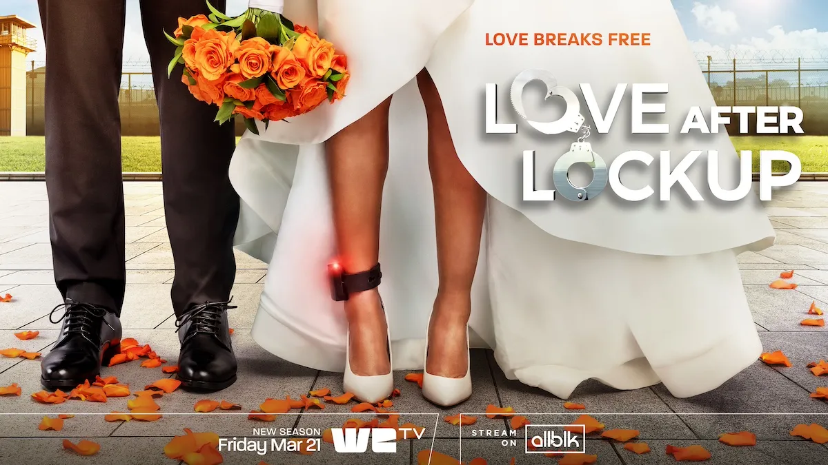 Key art for Love After Lockup showing bride in a wedding dress with an ankle monitor exposed