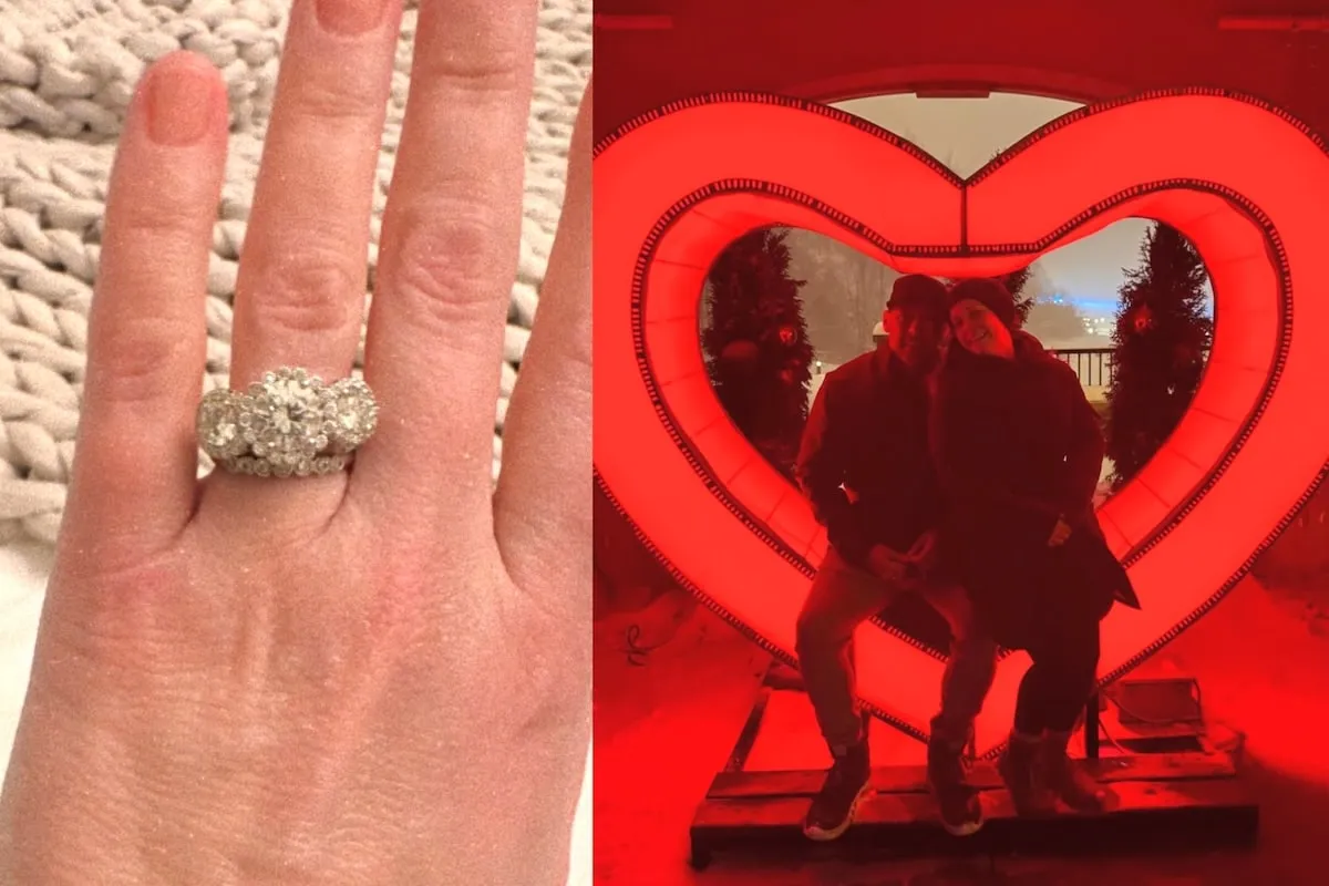 Side by side photos of Melissa Joan Hart's engagement ring and the actor posing with her husband Mark Wilkerson on Valentine's Day 2025