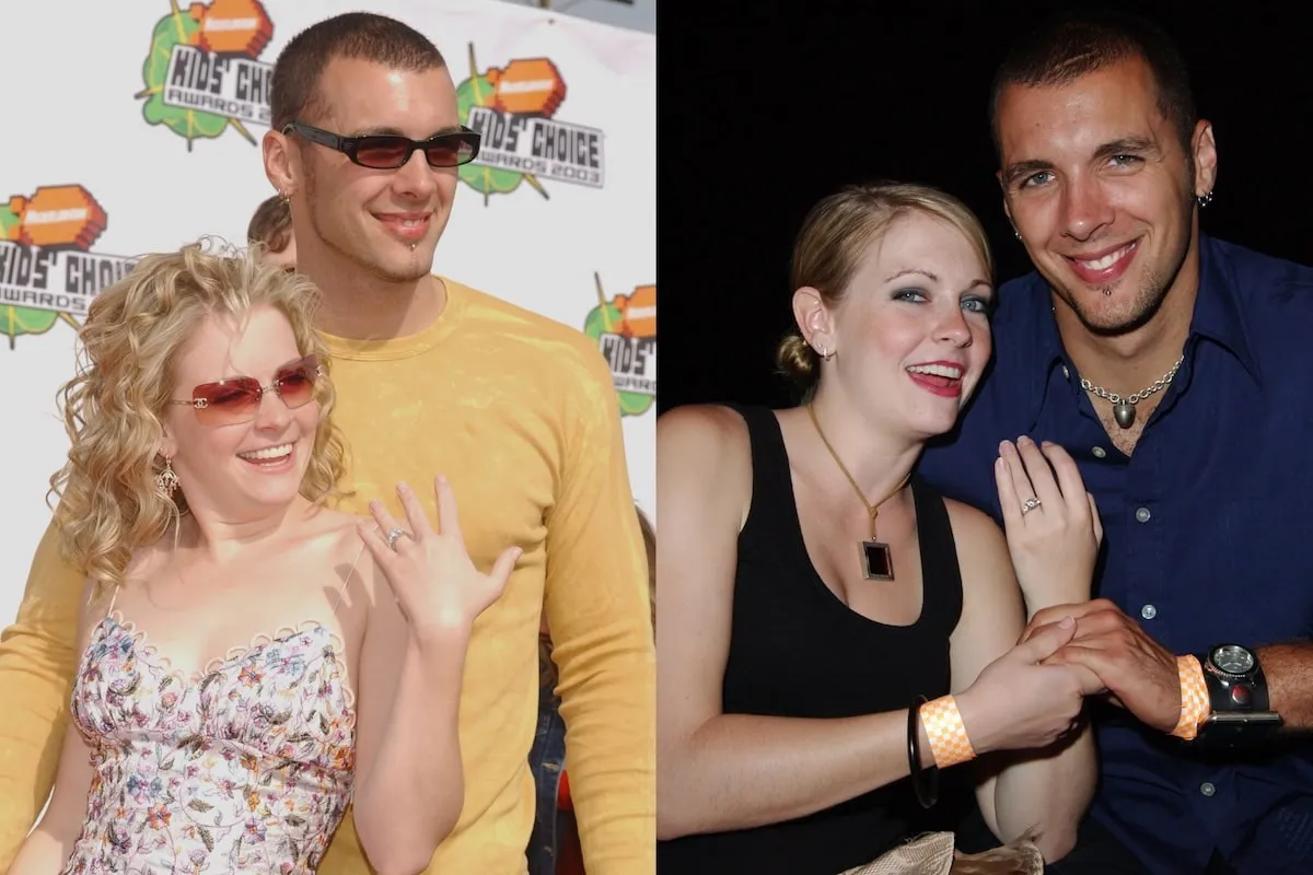 Side by side photos of Melissa Joan Hart and Mark Wilkerson showing off her engagement ring after they got engaged in 2003