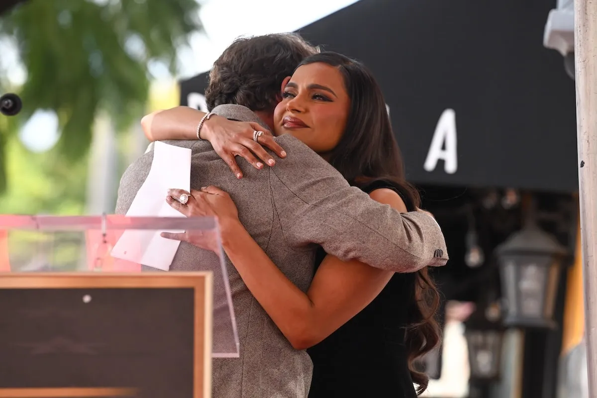 Actor B.J. Novak hug Mindy Kaling after giving a speech about her on the Hollywood Walk of Fame