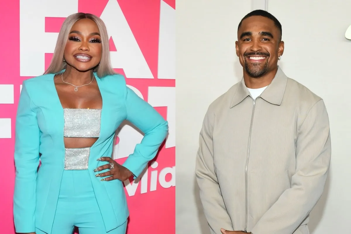 Side by side photos of Phaedra Parks in a blue suit and Jalen Hurts in a beige jacket