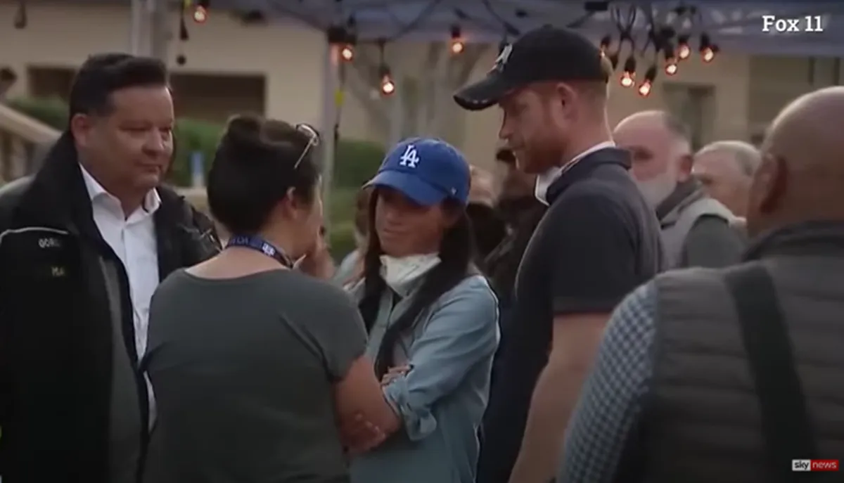 Screenshot of Fox 11 coverage of Prince Harry and Meghan Markle visiting LA wildfire victims via Sky News YouTube channel