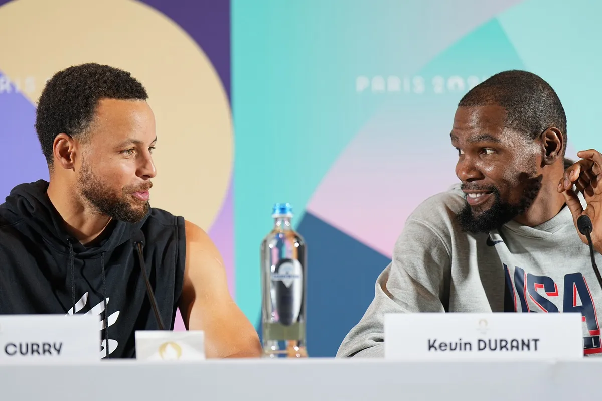 Stephen Curry and Kevin Durant take part in a press conference at the MPC during the Paris Olympics