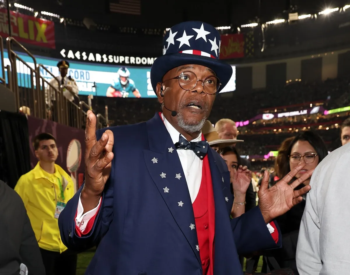 Wearing a red, white, and blue Uncle Sam suit, Samuel Jackson performs onstage during the Super Bowl LIX Halftime Show at Caesars Superdome on February 9, 2025 in New Orleans