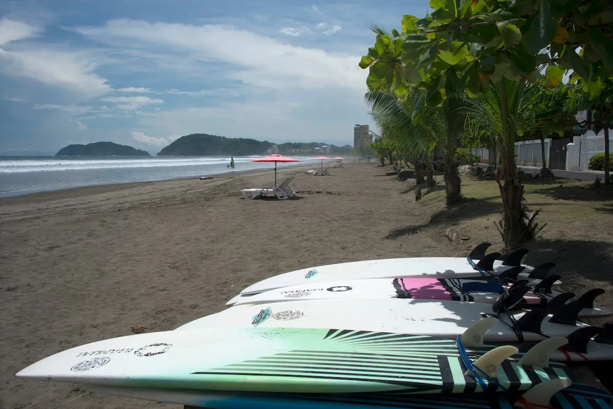 View of surfboards on a beach in Costa Rica